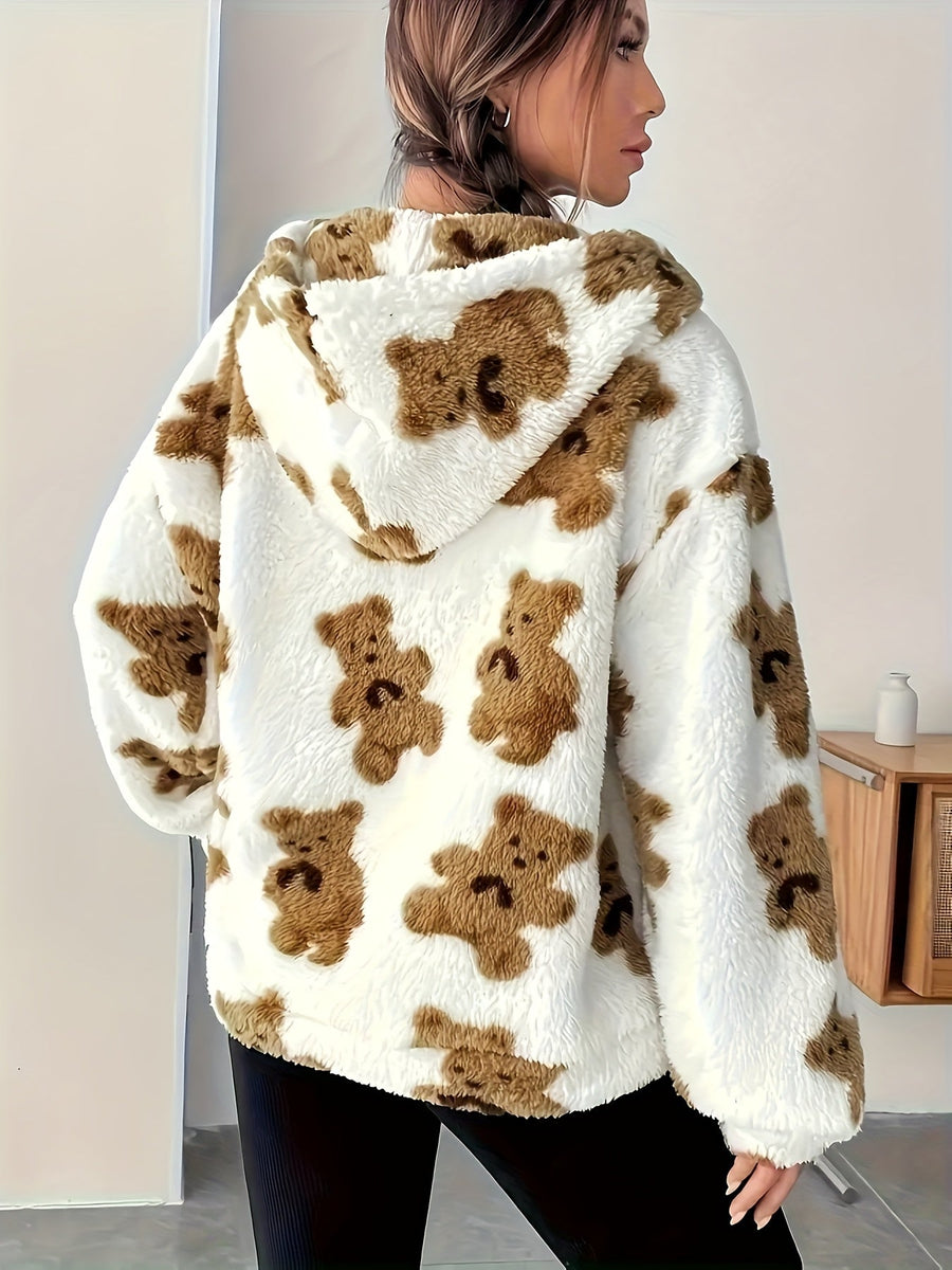 Dam Luvtröja i Fuskpäls med Nallebjörnsmönster, Vit och Brun