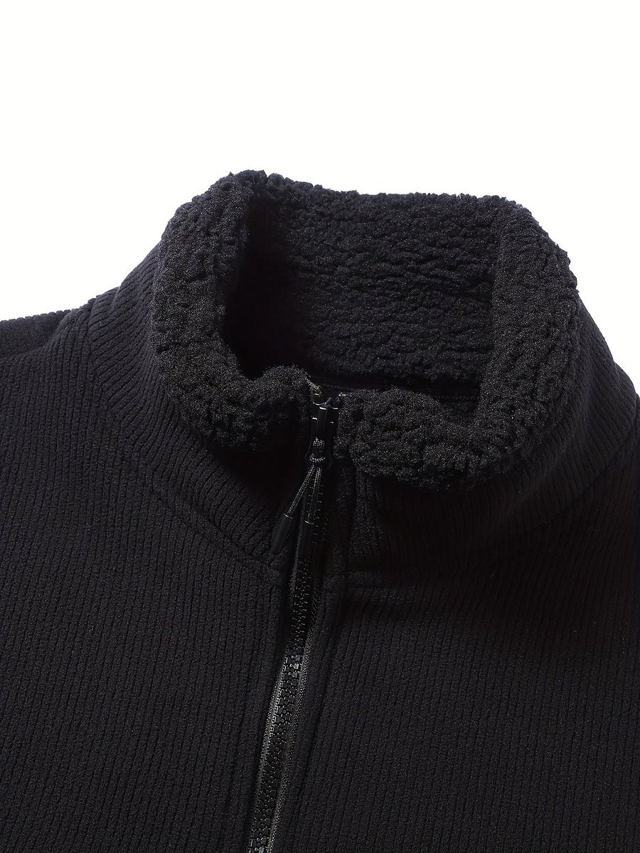 Unisex Ribbad Väst med Fleecefoder och Dragkedja, Fickor, Stående Krage