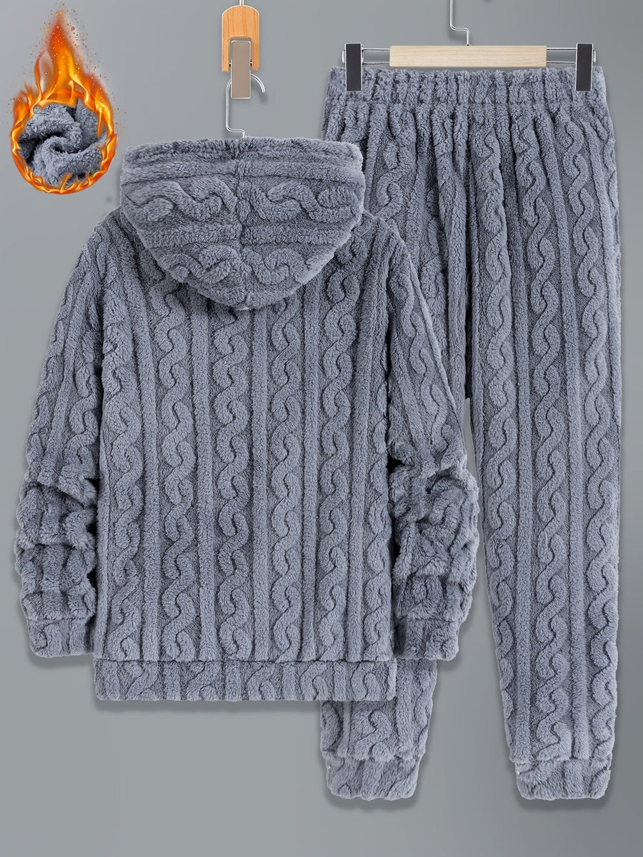 Herr Fluffig Hoodie och Byxor Set med Kabelstickat Mönster, Varm Mjuk Pyjamasdräkt