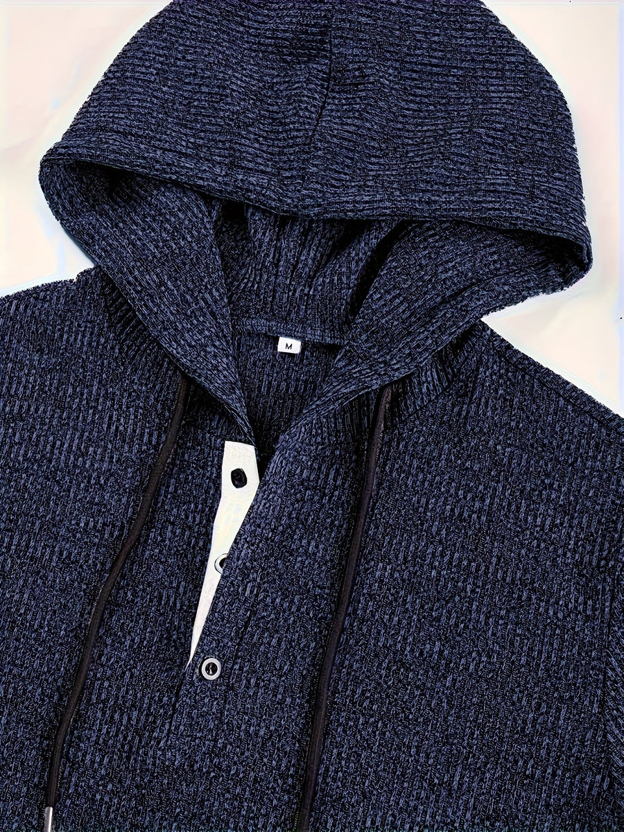 Marinblå Ribbstickad Herrhoodie med Knappar och Dragsko