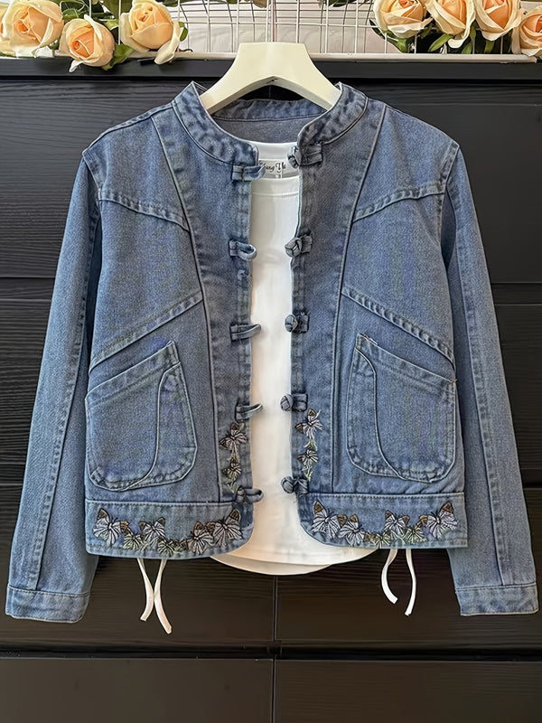 Jeansjacka med mandarin-krage och broderade fjärilar för dam