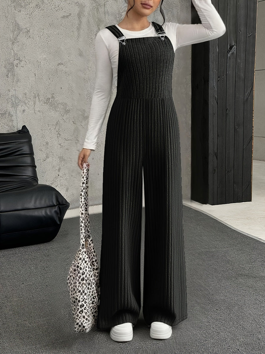 Grå Ribbad Jumpsuit med Vida Ben och Hängslen för Dam