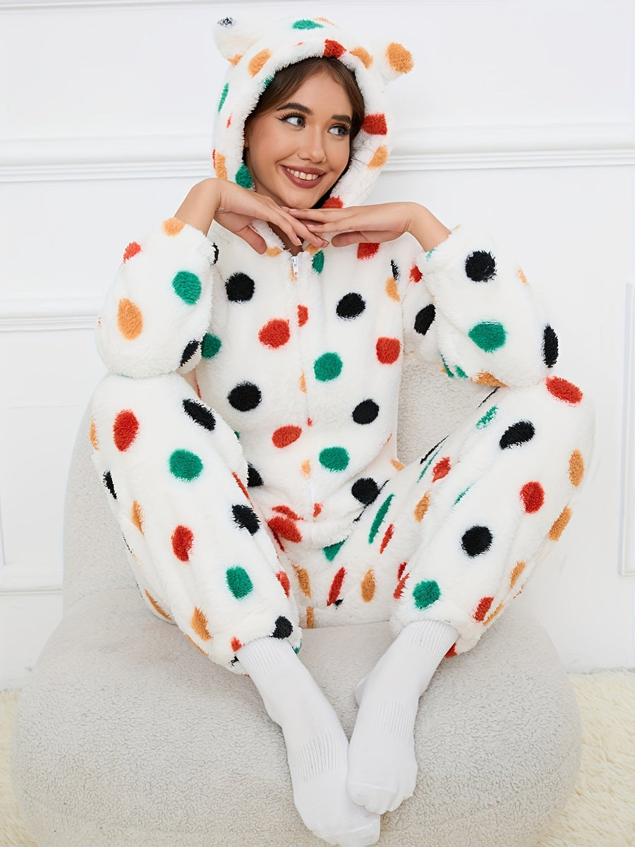 Rosa Fluffig Onesie med Björnmönster och Huva med Öron