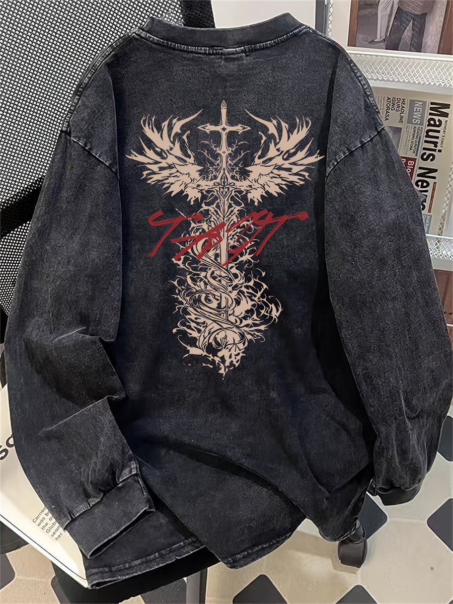 Svart långärmad T-shirt med tryck på ryggen, avslappnad passform