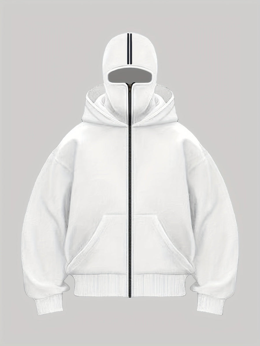Hoodie med dragkedja och integrerad balaklava, vita ränder