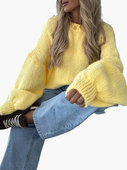 Damstickad oversized tröja med ballongärmar för höst och vinter, avslappnad stil