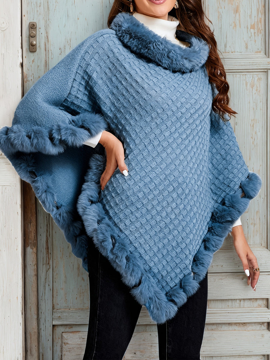 Damponcho med fuskpälsdetaljer och stickat mönster i one-size, tillgänglig i flera färger