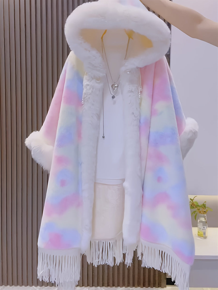 Regnbågsfärgad Fuskpäls Cape Poncho med Huva och Fransar