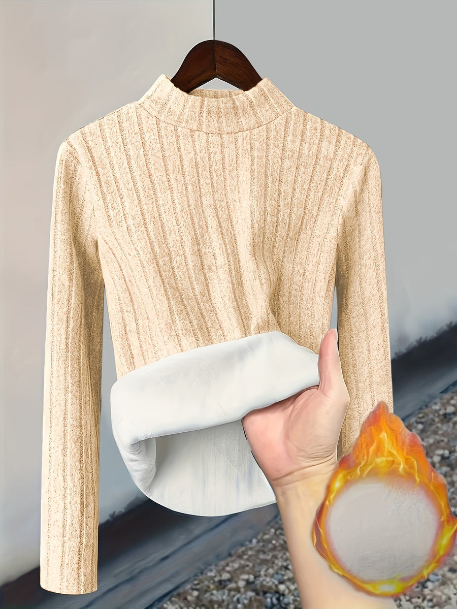 Ribbstickad Damtröja med Foder, Hög Hals & Lång Ärm, Varm