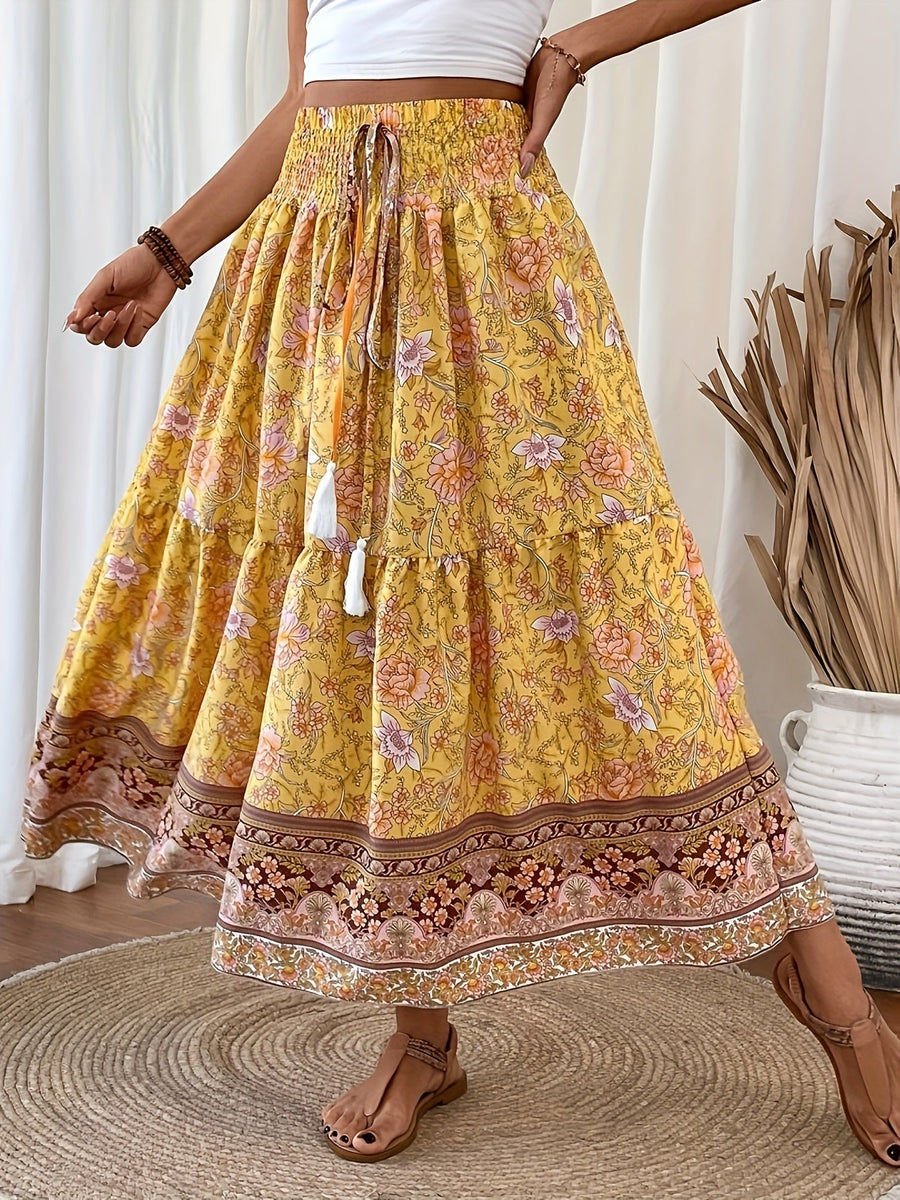 Dam Kjol Boho Lång Blommig Elegant Sommarmode Fickor