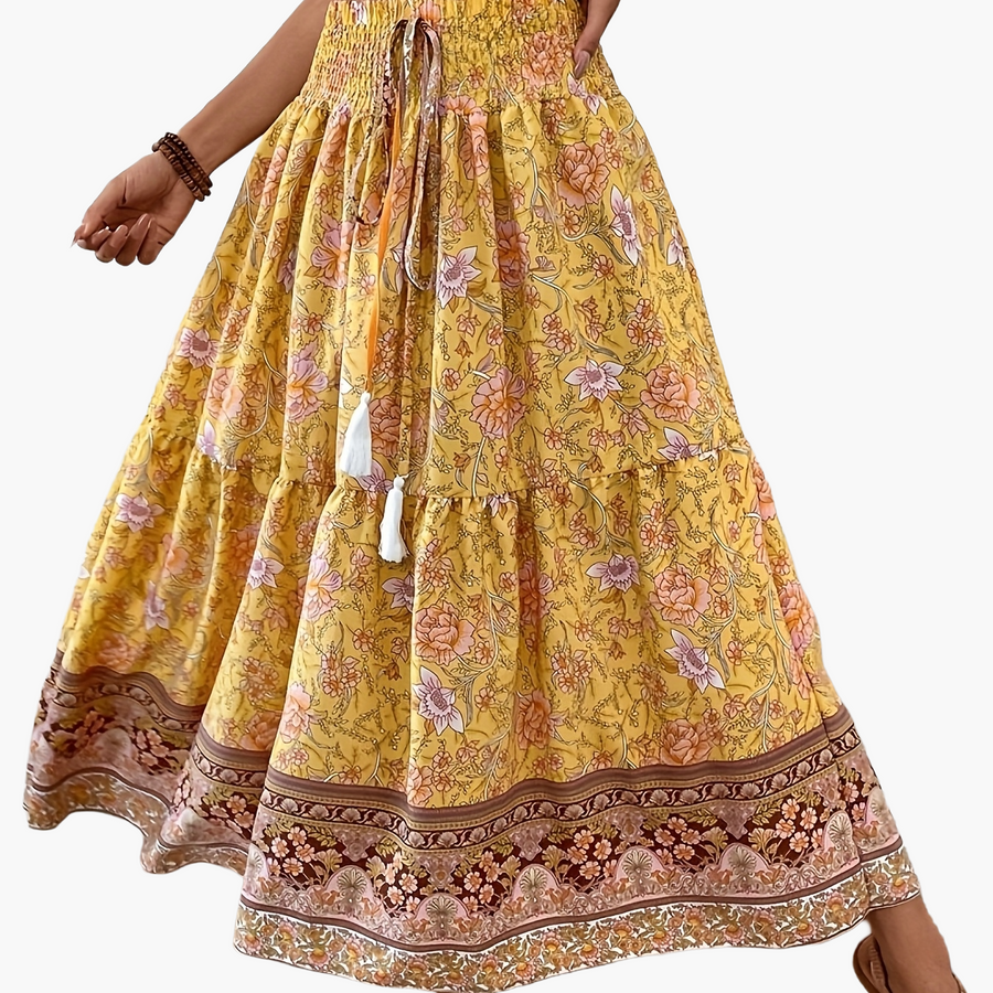 Dam Kjol Boho Lång Blommig Elegant Sommarmode Fickor