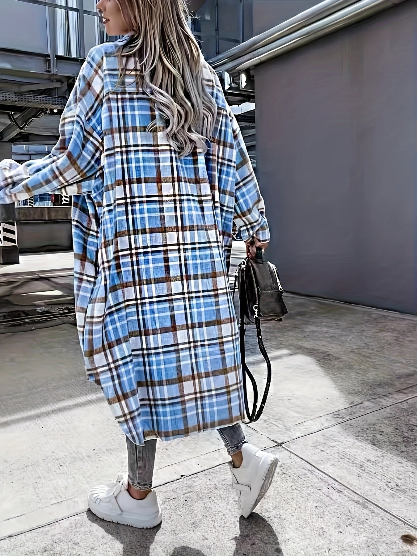 Dam Skjortjacka Lång Oversize Rutig Casual Vår/Höst