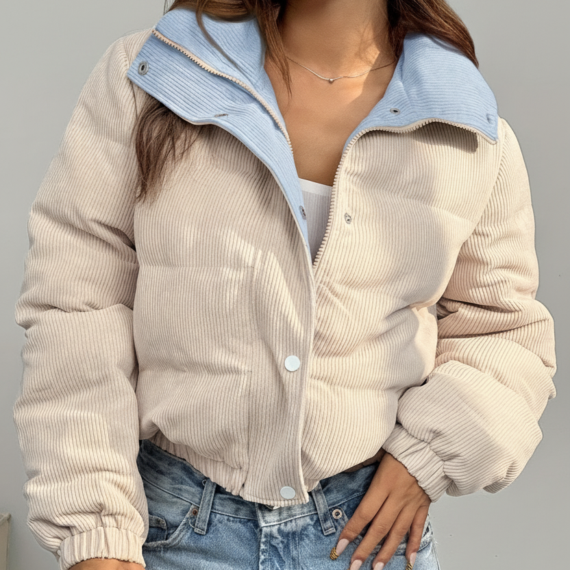 Kort corduroy pufferjacka med ståkrage i tvåfärgad design