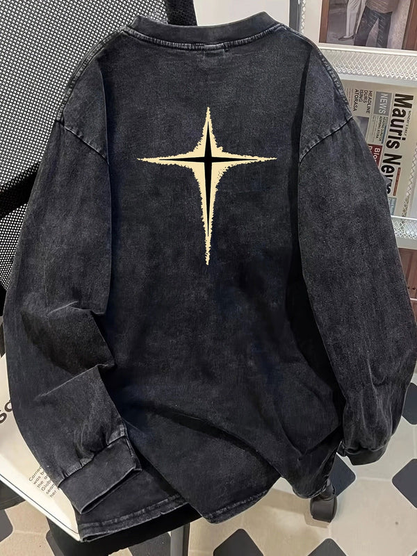 Unisex sweatshirt med stjärnmönster, lång ärm, svart/mörkgrå, tvättad look