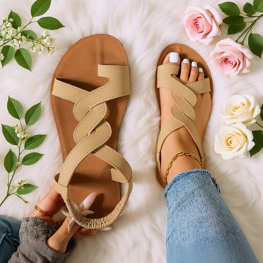 Dam Sandaler med Vågformade Remmar och Stjärndetalj – Platta Sommarsandaler för Semester och Strand