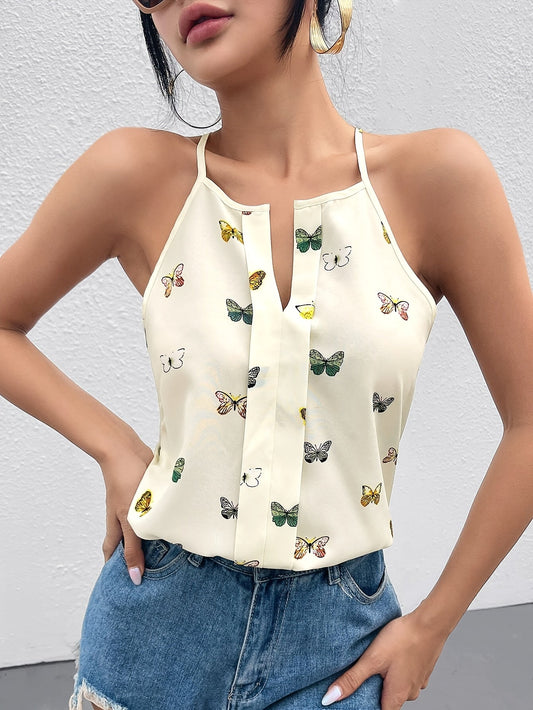 Damlinne med fjärilsmönster och halterneck – Elegant sommartopp