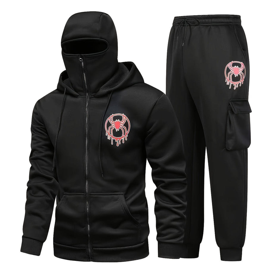 Hoodie och byxor set med spindelmönster, dragkedja och balaclava