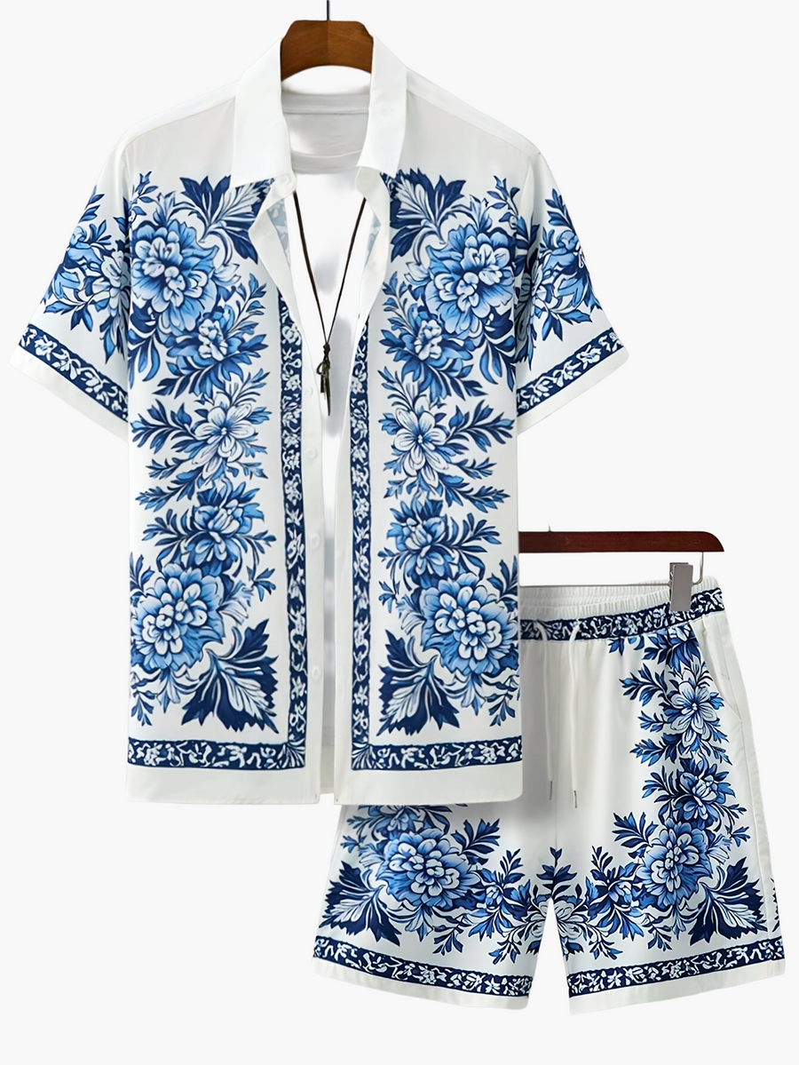 Herrset – Somrig kortärmad skjorta och shorts med blommönster, avslappnad semesterstil