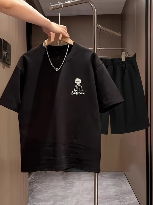 Herrarnas avslappnade set med tryck – t-shirt och shorts, perfekt för vardagsbruk