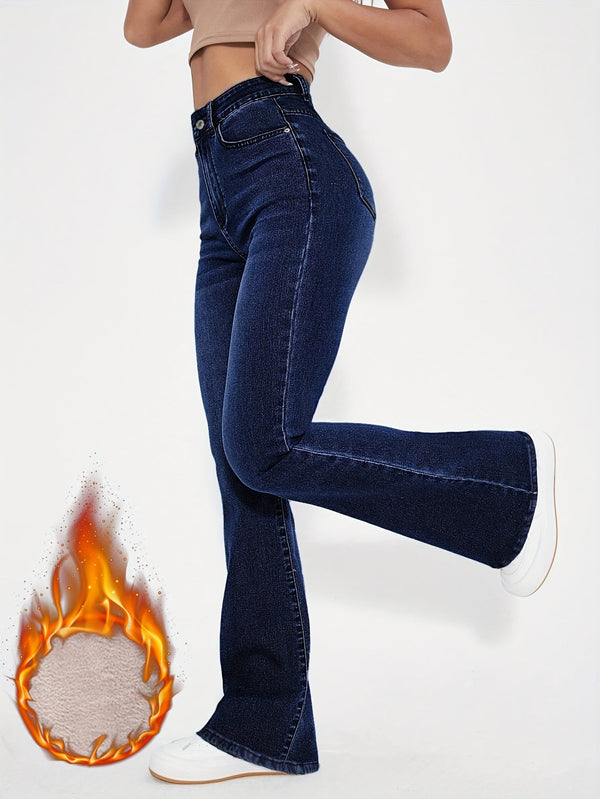 Mörkblå Högmidjade Utställda Jeans med Foder
