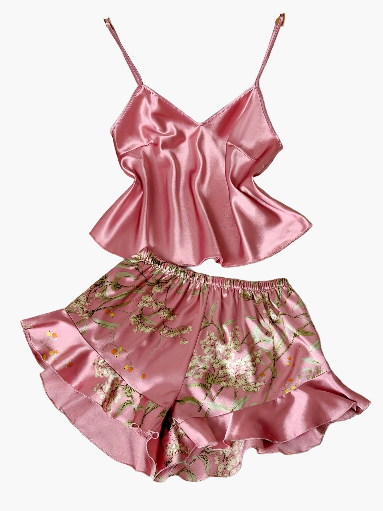 Damernas Satinpyjamas Set med Spetsdetaljer och Blommigt Mönster – Elegant Sommar Nattklädsel