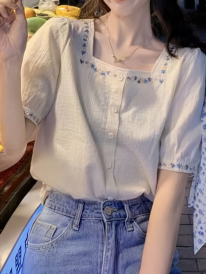 Dam Elegant Blus med Broderade Blommor och Fyrkantig Hals – Vår/Sommar Top