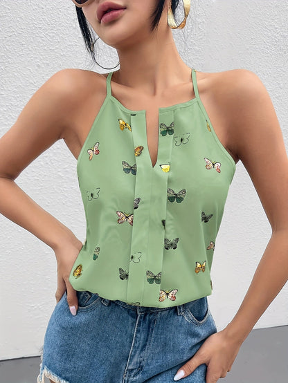 Damlinne med fjärilsmönster och halterneck – Elegant sommartopp