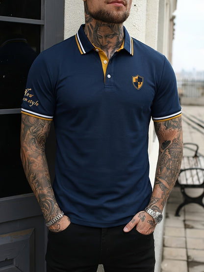 Herr Pikétröja Casual Polo Kort Ärmskjorta med Emblem – Modern Stil för Vardagsbruk