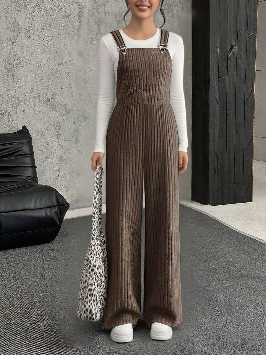 Grå Ribbad Jumpsuit med Vida Ben och Hängslen för Dam