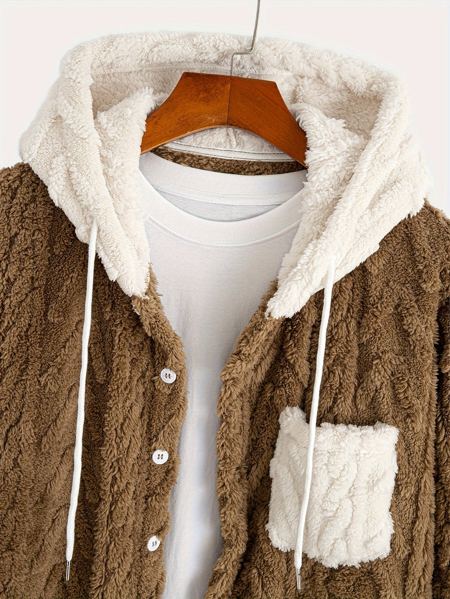 Hoodie i teddyfleece med knappar och ficka, fiskbensmönstrad