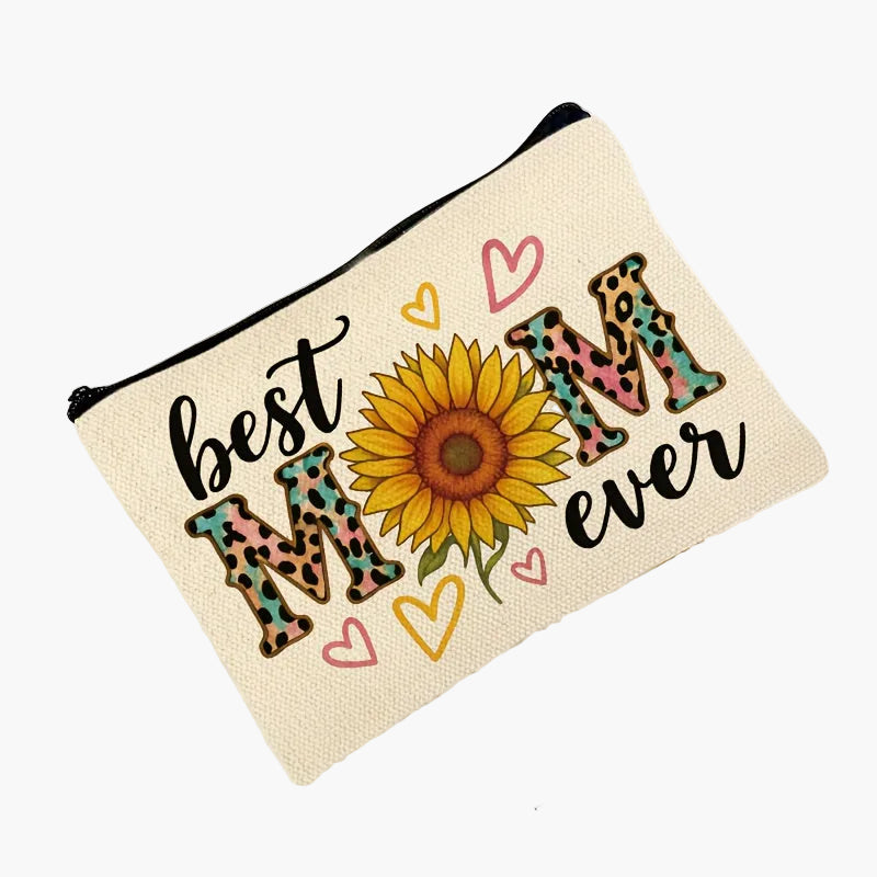 Kvinnors necessär med solros och texten 'Best Mom Ever' – Trendig present till mamma