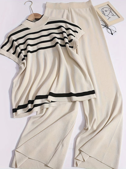 Dam Set Elegant Randig Topp och Vida Byxor för Vår/Sommar - Avslappnad Chic Outfit