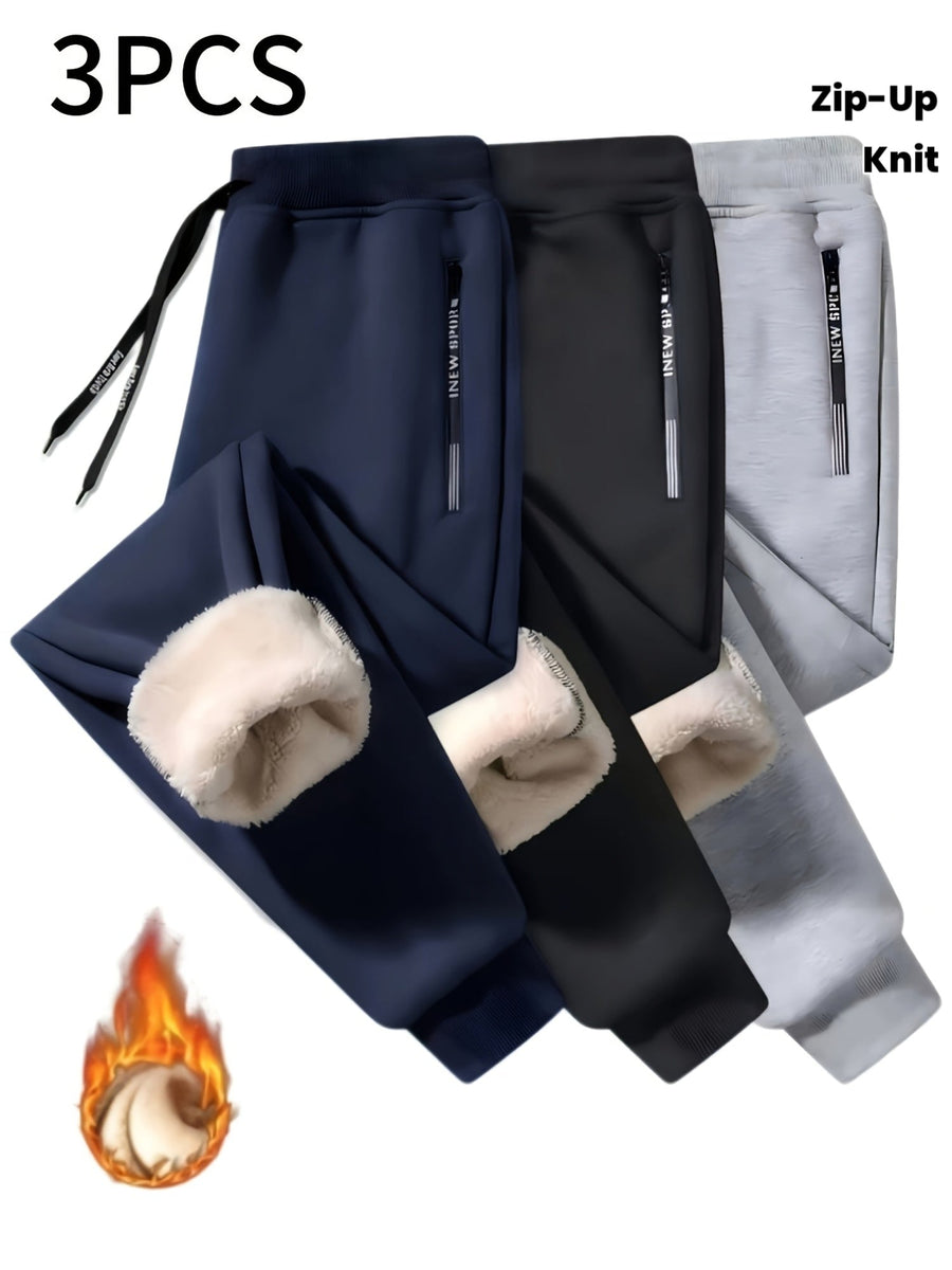 Herr Joggingbyxor Fleecefodrade 3-pack med Dragkedjefickor och Dragsko