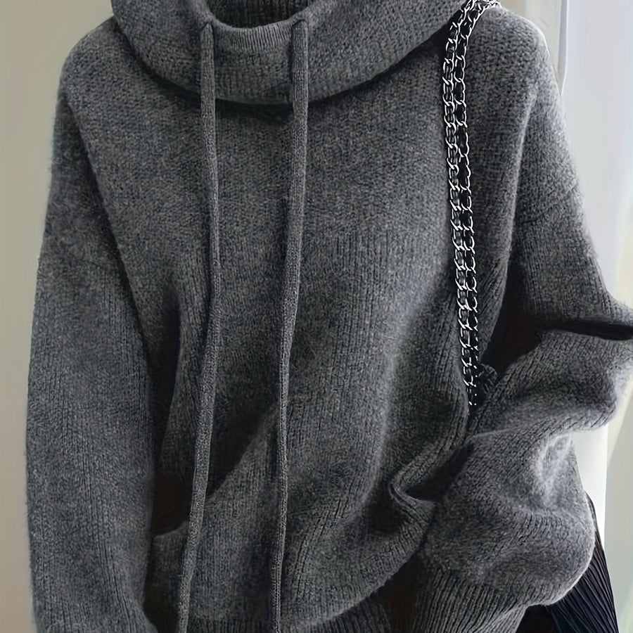 Stickad hoodie med dragsko för dam