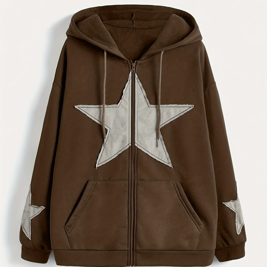 Brun Zip-up Hoodie med Huva och Stjärnmotiv – Rymlig Passform