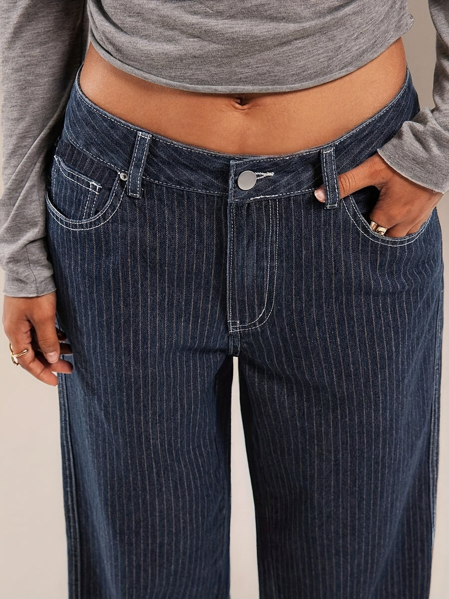 Mörkblå Ränder Vida Jeans för Dam