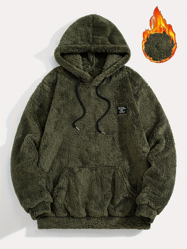 Unisex teddy fleece hoodie med huva och känguruficka, mysig tröja för dam och herr