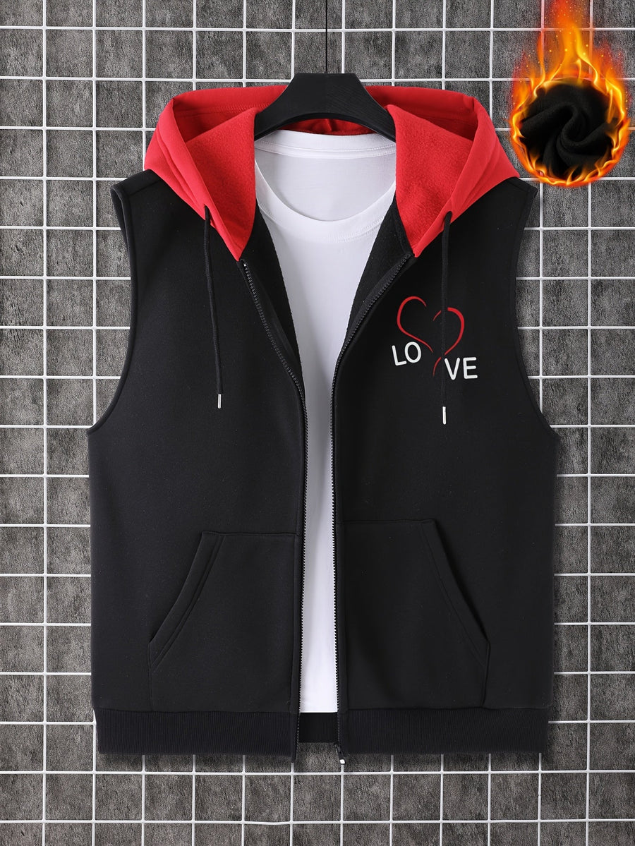 Svart Ärmlös Hoodie med Dragkedja och Röd Huva, Mjukt Foder, 'LOVE'-tryck