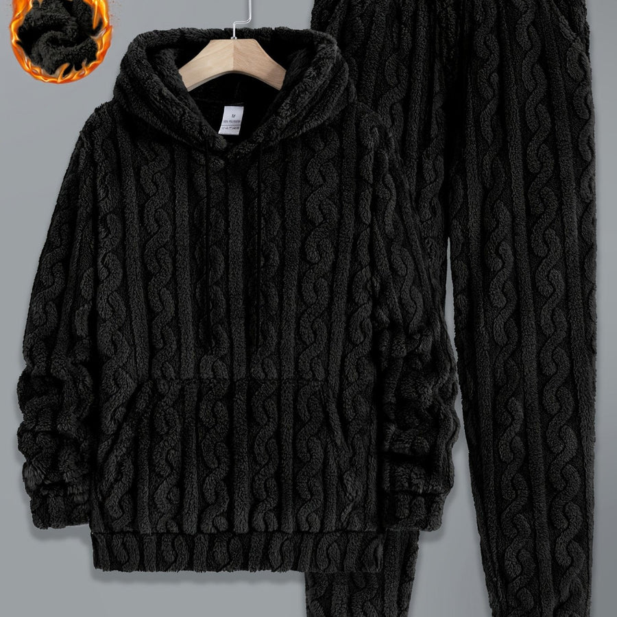 Herr Fluffig Hoodie och Byxor Set med Kabelstickat Mönster, Varm Mjuk Pyjamasdräkt