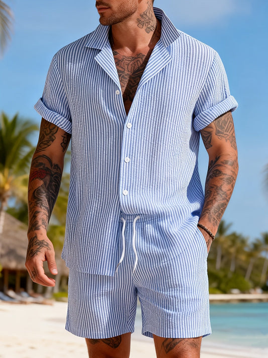 Herr Set med Kortärmad Skjorta och Shorts – Randigt, Avslappnat Sommarset för Strand och Semester
