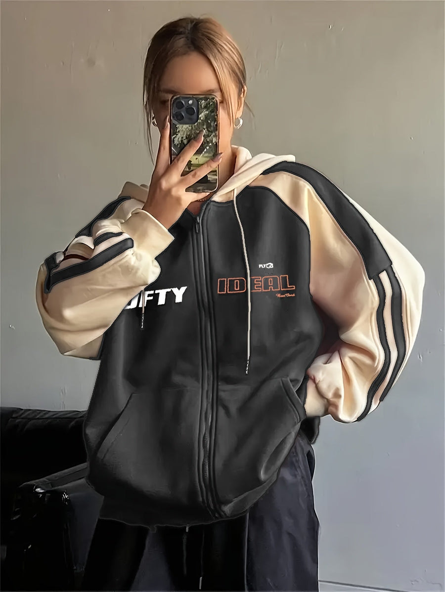 Damhoodie med dragkedja, huva och tre ränder på ärmarna