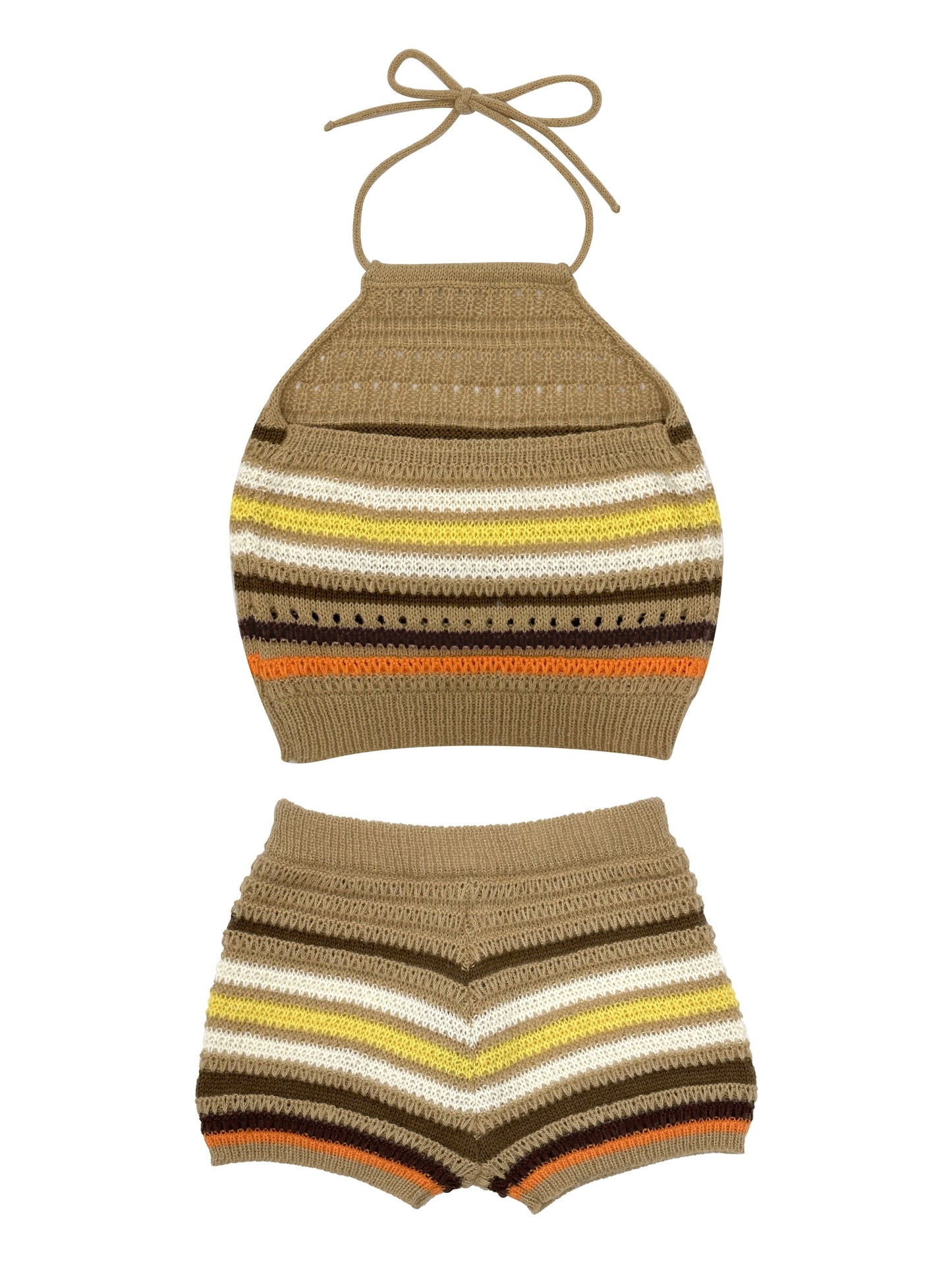 Dam Set Y2K Stickad Halterneck Topp och Shorts – Trendigt Sommaroutfit