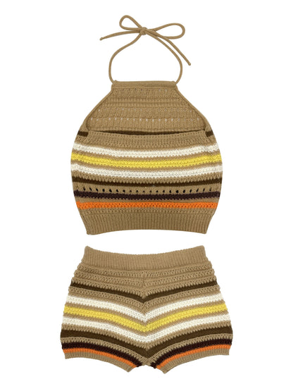Dam Set Y2K Stickad Halterneck Topp och Shorts – Trendigt Sommaroutfit