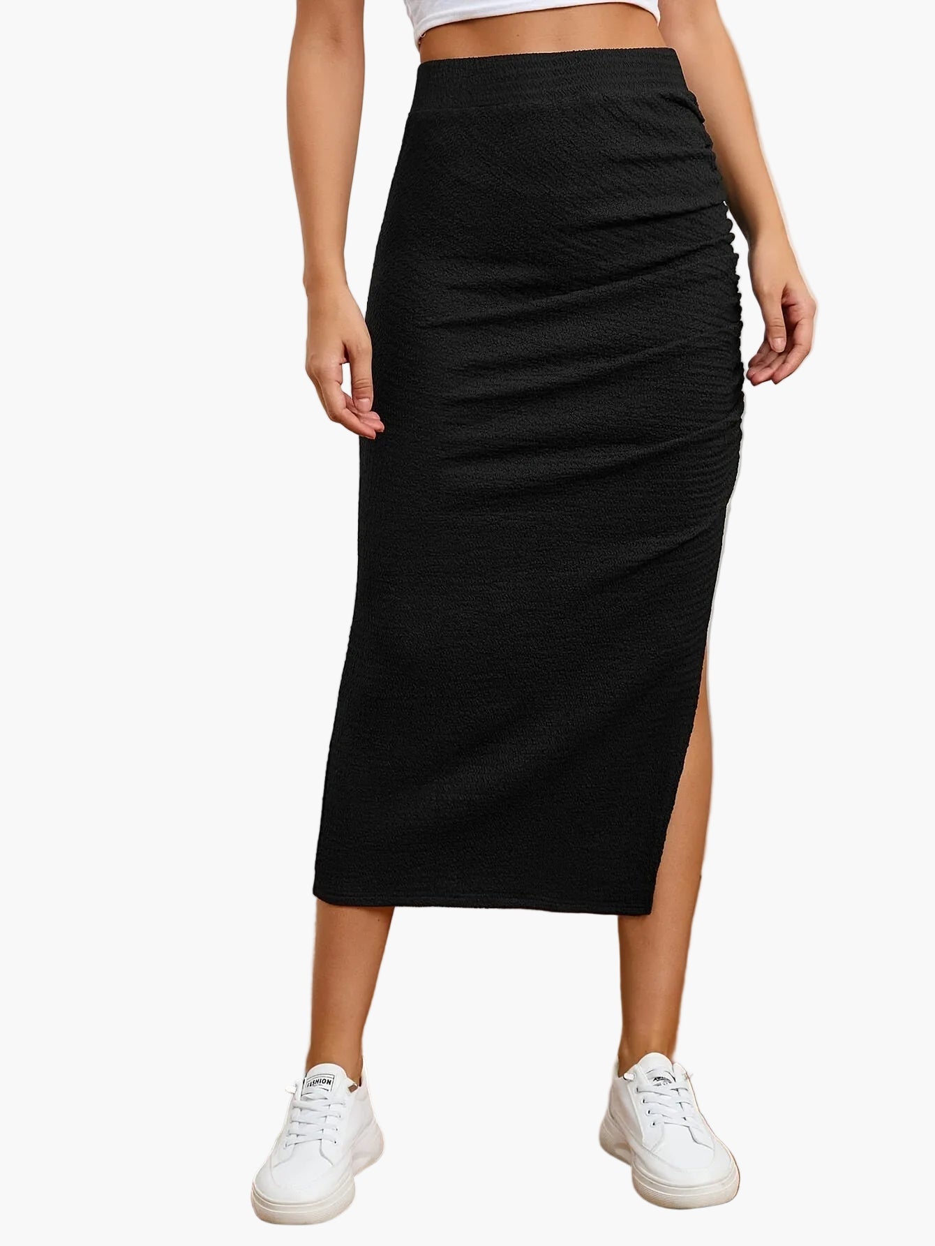 Dam Kjol Elegant Midilängd med Slits och Rynkade Detaljer – Perfekt för Vardagsbruk och Fritid
