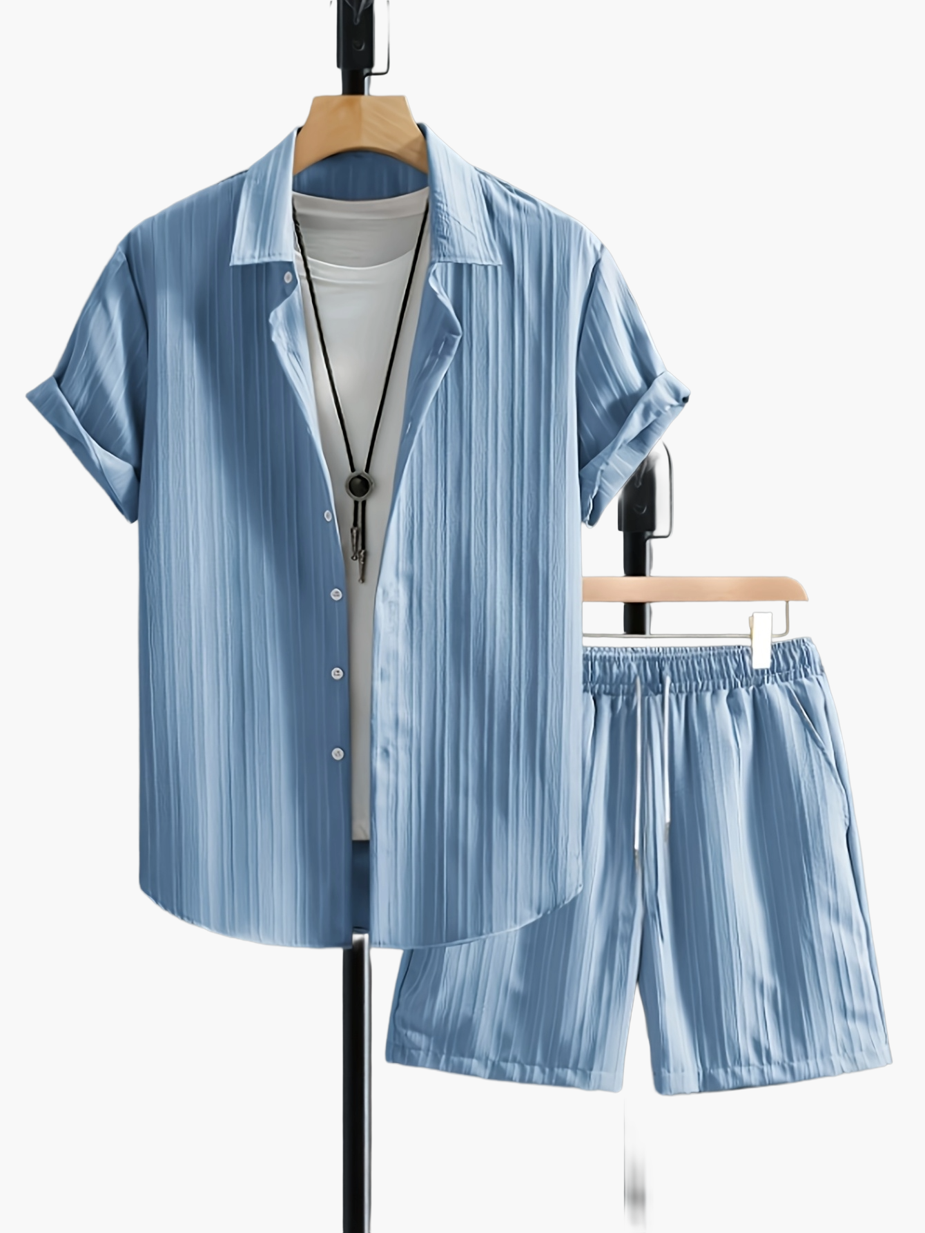 Herr Set med Kortärmad Skjorta och Shorts – Avslappnad Plisserad Stil för Sommar och Fritid