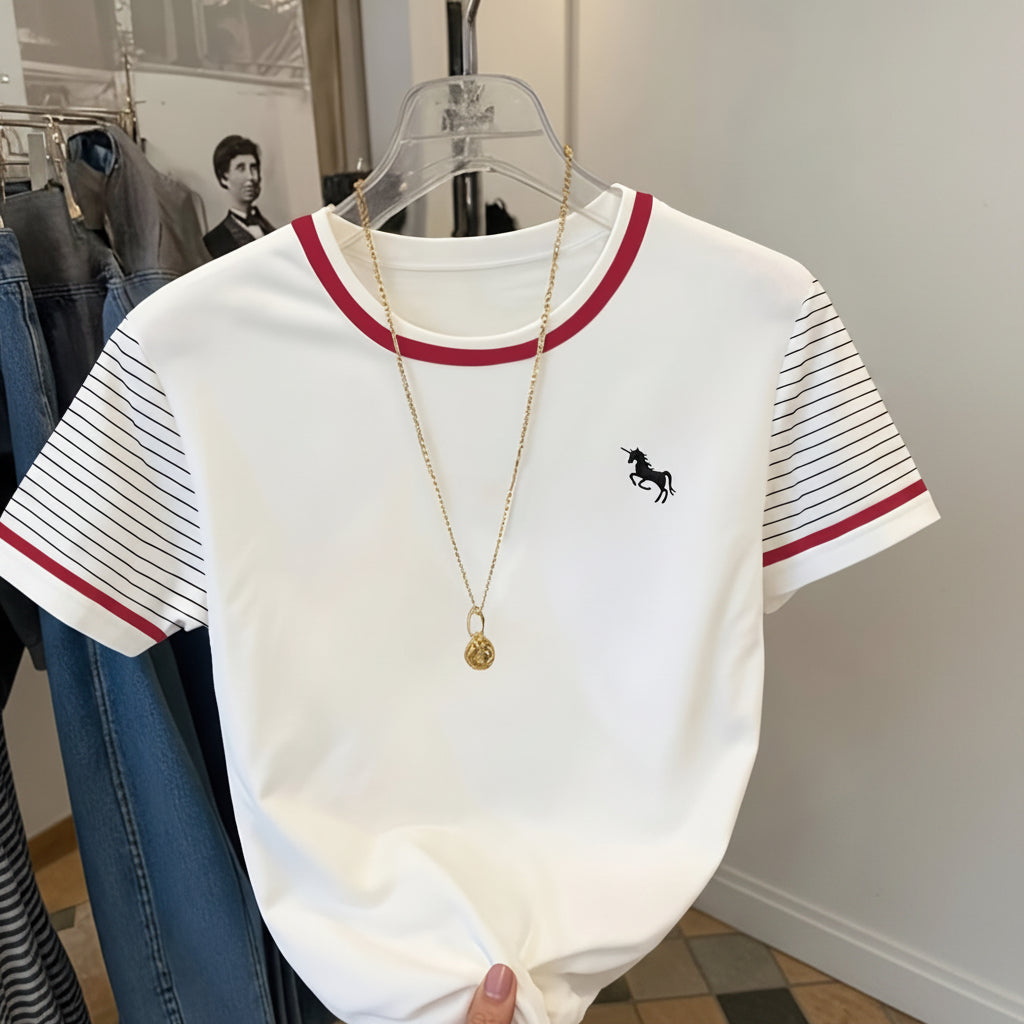 Dam T-shirt med enhörningslogotyp och randiga ärmar – Trendig vardagsstil