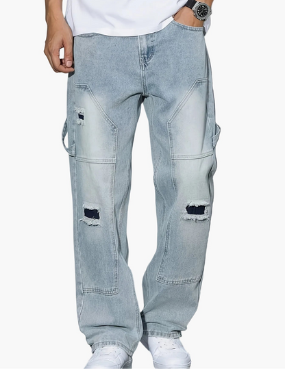 Herr Cargo Jeans Baggy Streetwear med Slitna Detaljer och Lösa Ben
