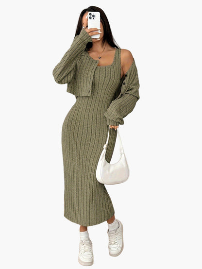 Dam Set med Kjol och Kofta – Elegant Ribbad Stickad Outfit för Vardag och Fritid