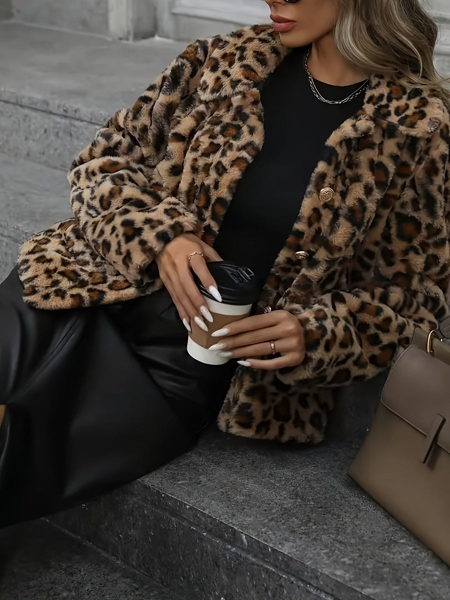 Leopardmönstrad damjacka i fuskpäls med krage och långa ärmar