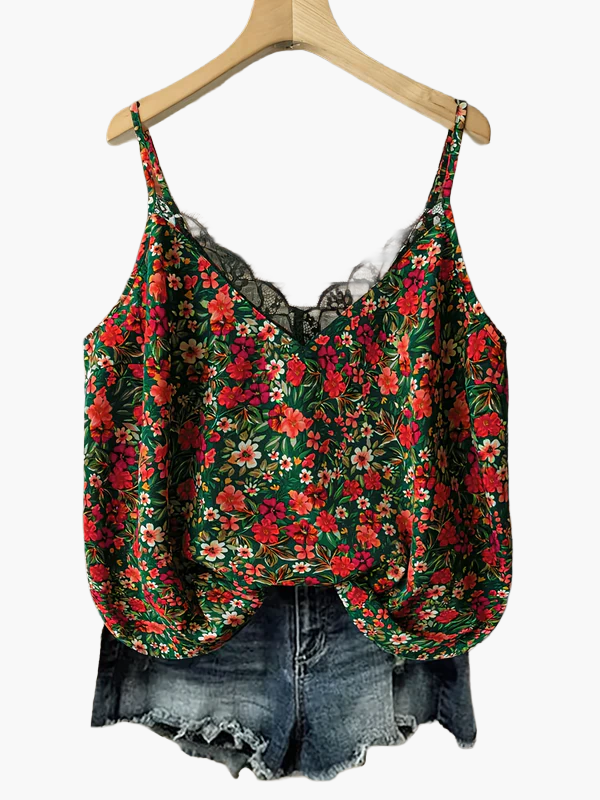 Damlinne med blommigt mönster och spetsdetalj – Somrig topp för casual stil
